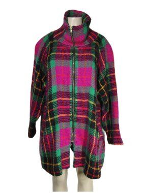 VTG Magnolia 80s Plaid 100% Wool FUNNEL Neck Vibrant Rad Pink Green Coat M L